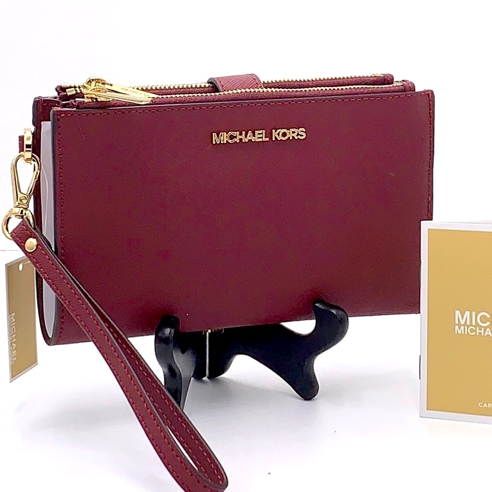 MICHAEL KORS LARGE DOUBLE ZIP WRISTLET WALLET DARK CHERRY COLOR MERLOT M… - Picture 1 of 16